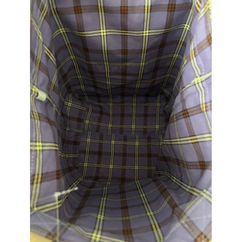 Tory Burch Ella Basketweave Tote Bag Yellow Blue Plaid Lining Canvas Leather Log